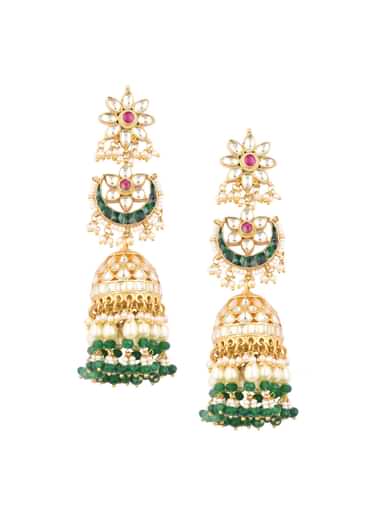 Gold Finish Kundan Polki Dangling Earrings With Beads And Green-Red Stones