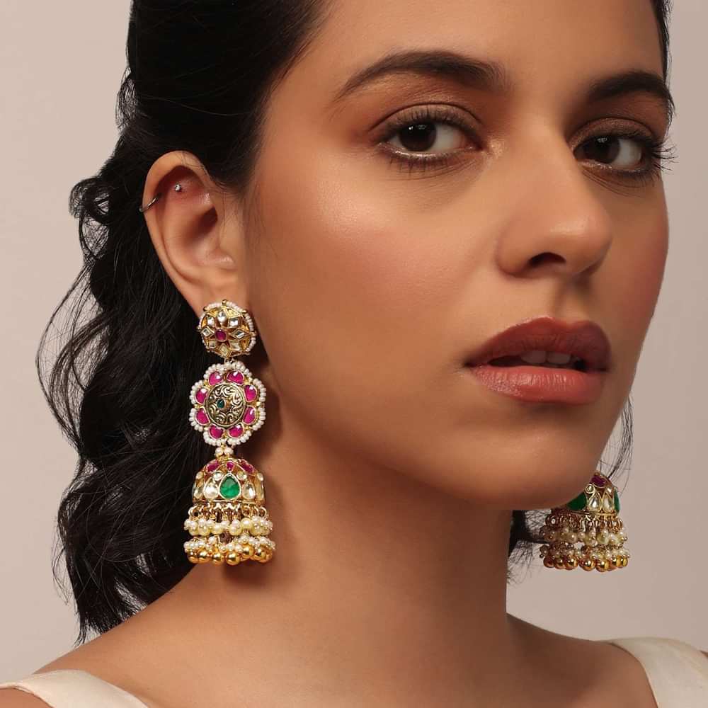 Gold Finish Kundan Earrings With Beads And Green-Red Stones