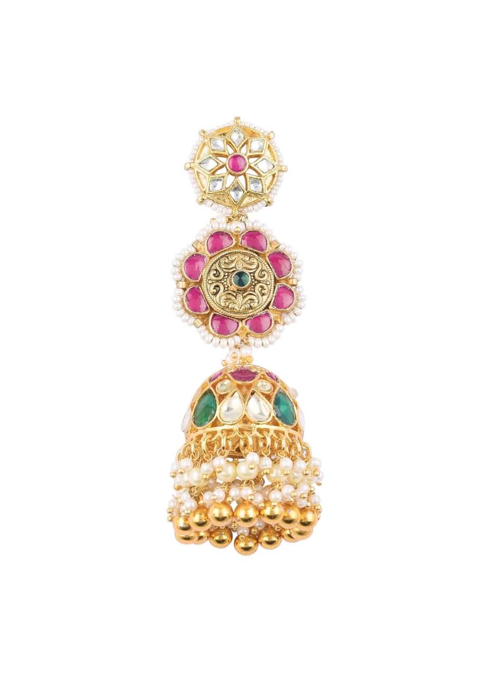 Gold Finish Kundan Earrings With Beads And Green-Red Stones