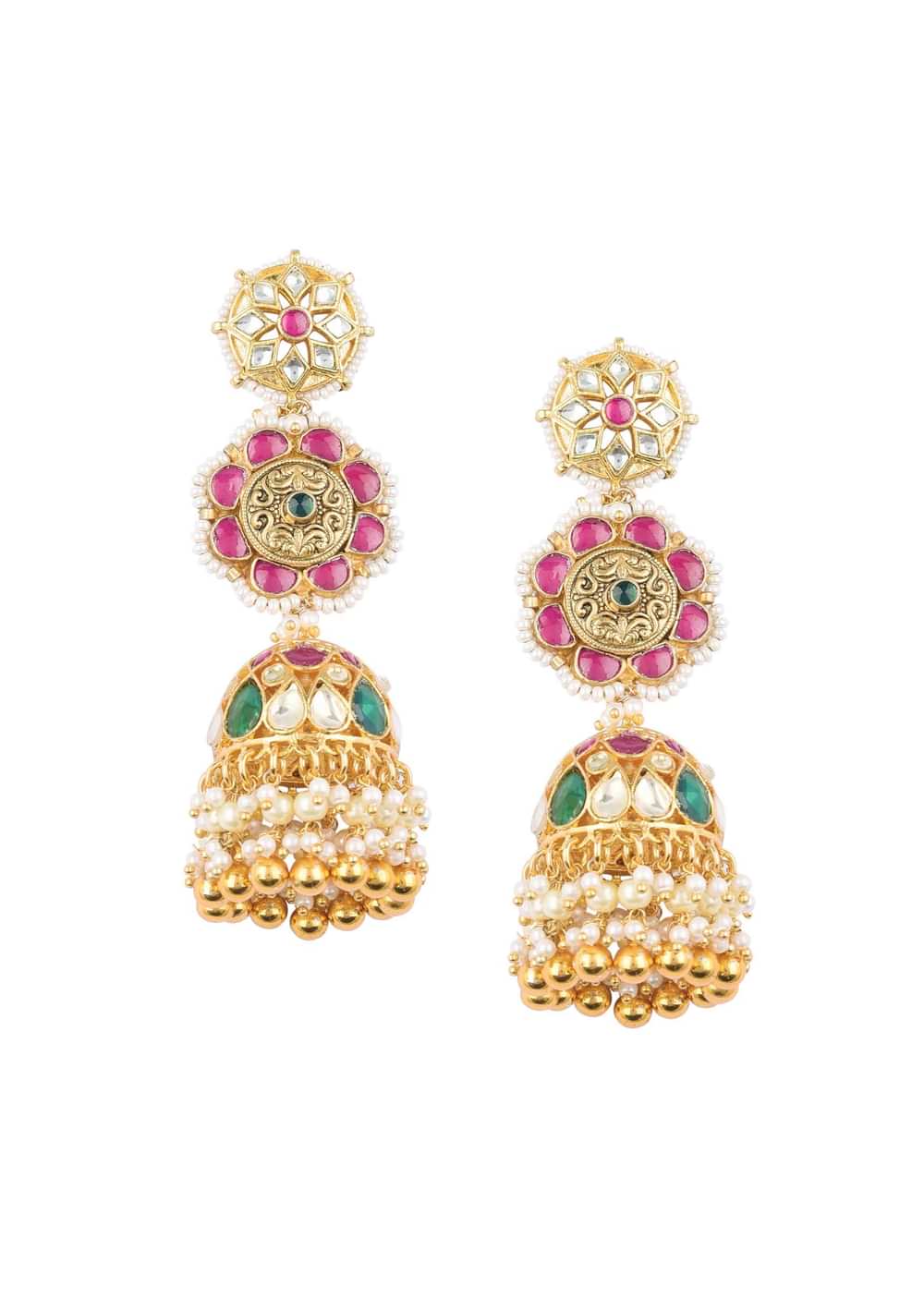 Gold Finish Kundan Earrings With Beads And Green-Red Stones