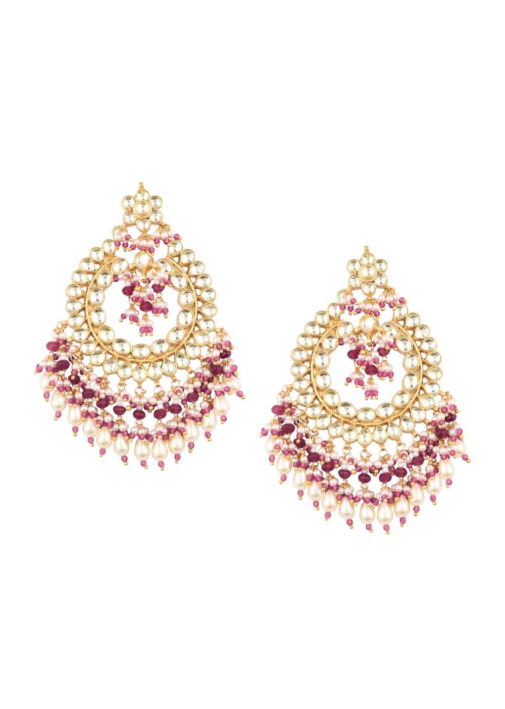 Gold Finish Kundan Polki Chandabali Earrings With Beads And Ruby Stones