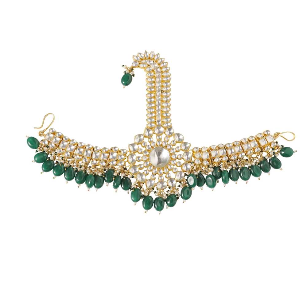 Gold Finish Kundan Kalgi In Mix Metal With Emerald Green Stones