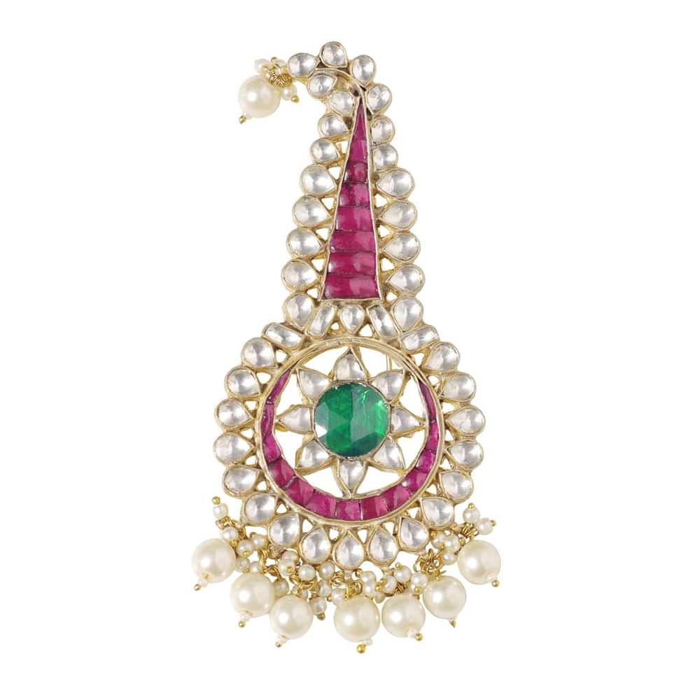 Gold Finish Kundan Kalgi In Mix Metal With Emerald Green Stone