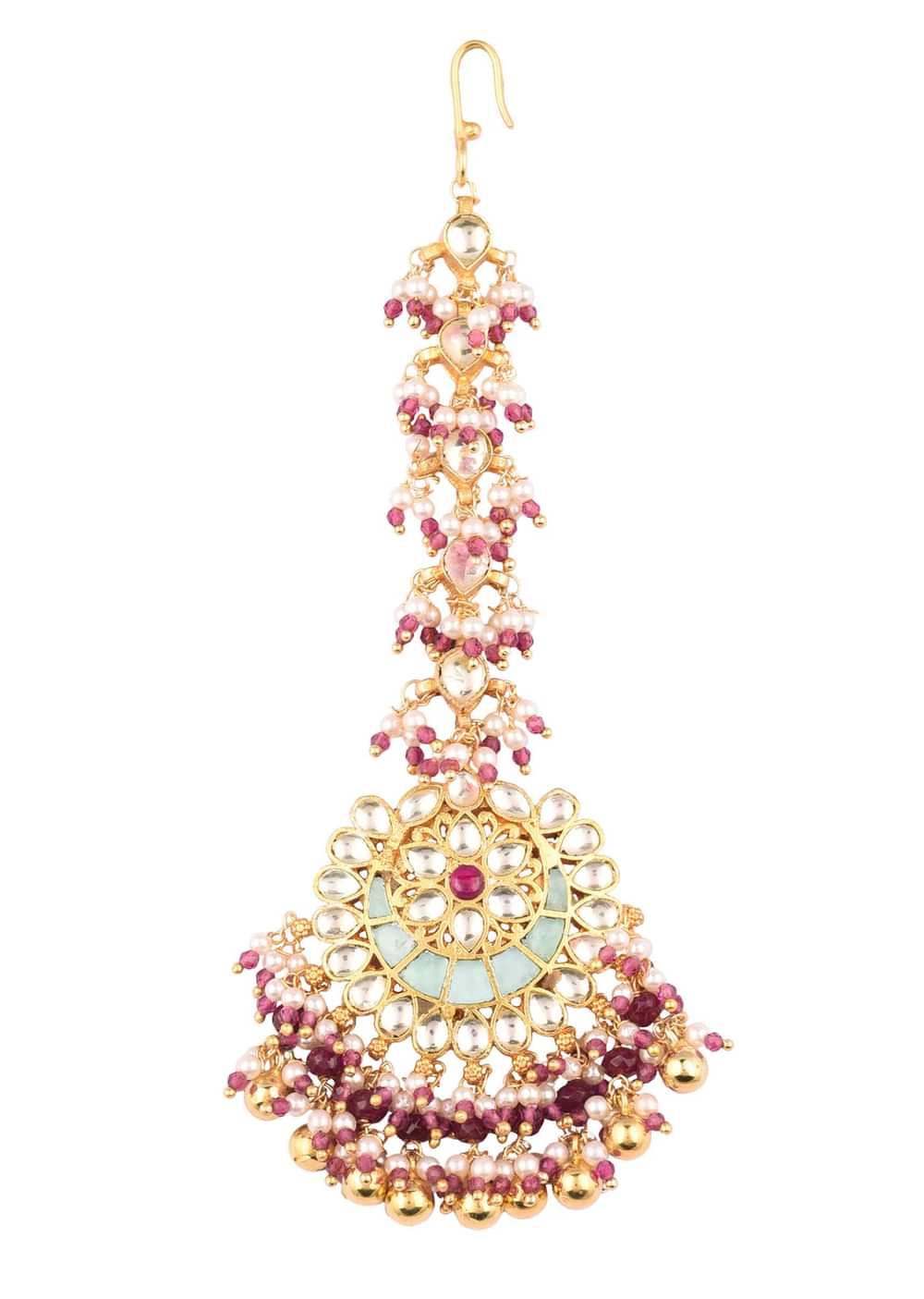 Gold Finish Kundan Maangtika With Synthetic Stones And Beads