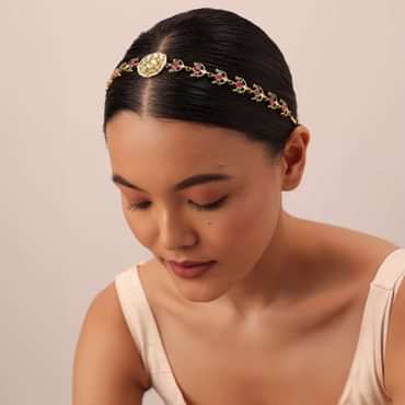 Gold Finish Kundan Mathapatti With Multicolor Floral Motif Stones