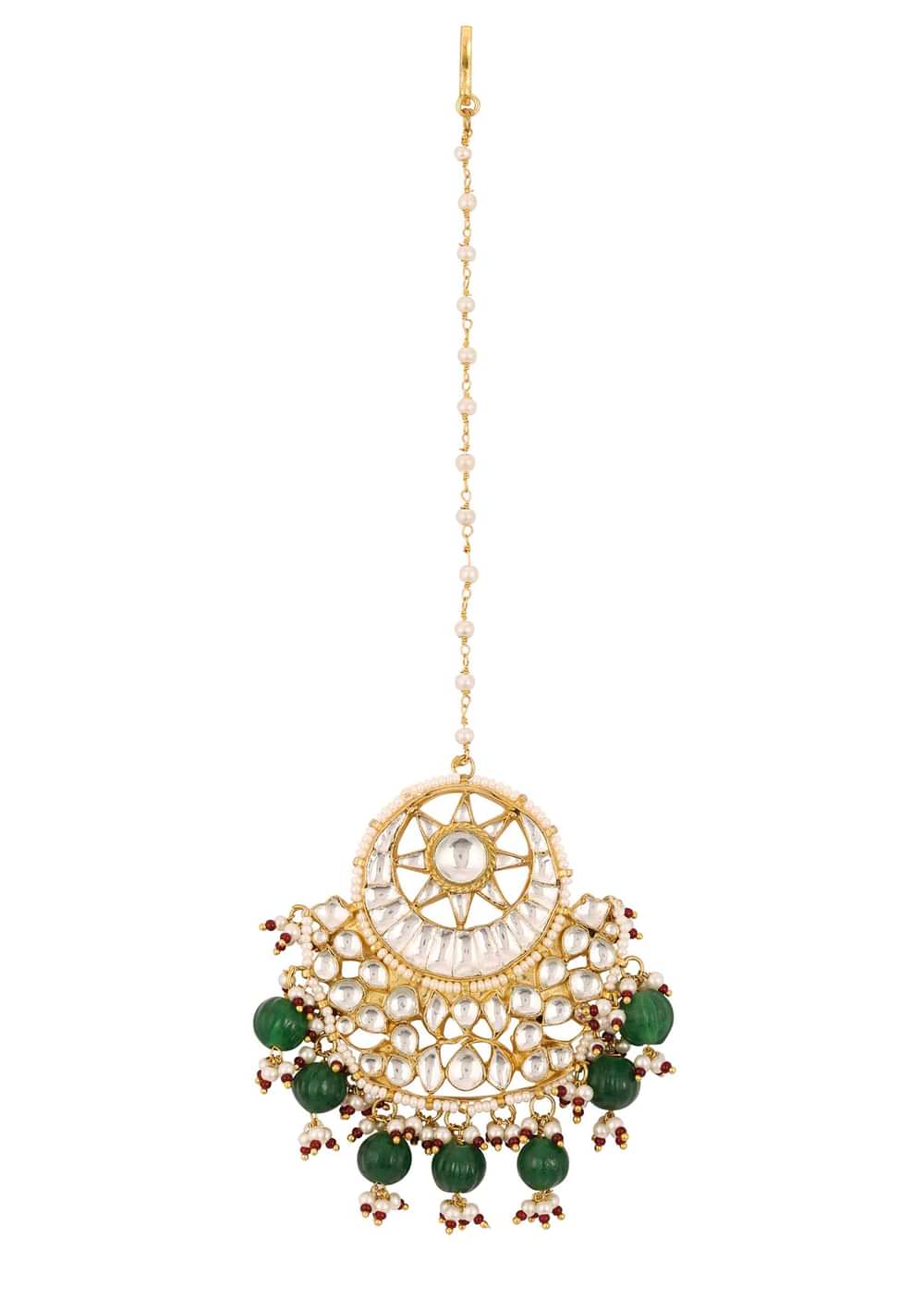Gold Finish Kundan Floral Maangtika With Synthetic Emerald Stones And Beads