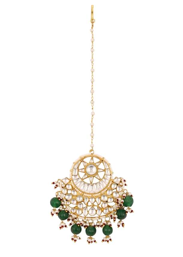 Gold Finish Kundan Floral Maangtika With Synthetic Emerald Stones And Beads