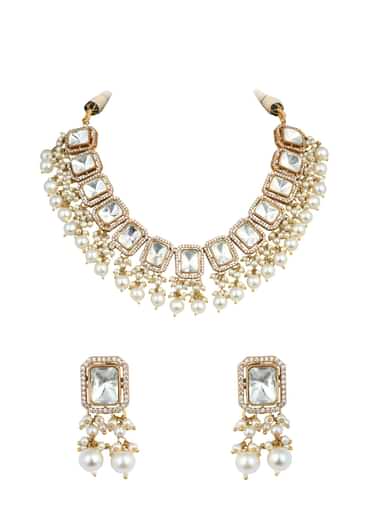 Gold Finish Kundan Necklace Set With Pearl Drops And Geometric Motifs