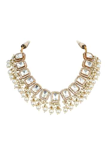 Gold Finish Kundan Necklace Set With Pearl Drops And Geometric Motifs