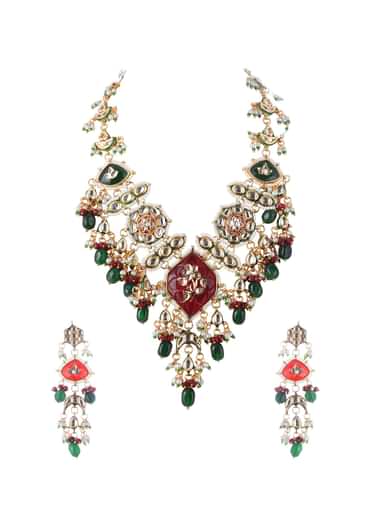 Gold Finish Kundan Necklace Set With Ruby And Emerald In Mix Metal