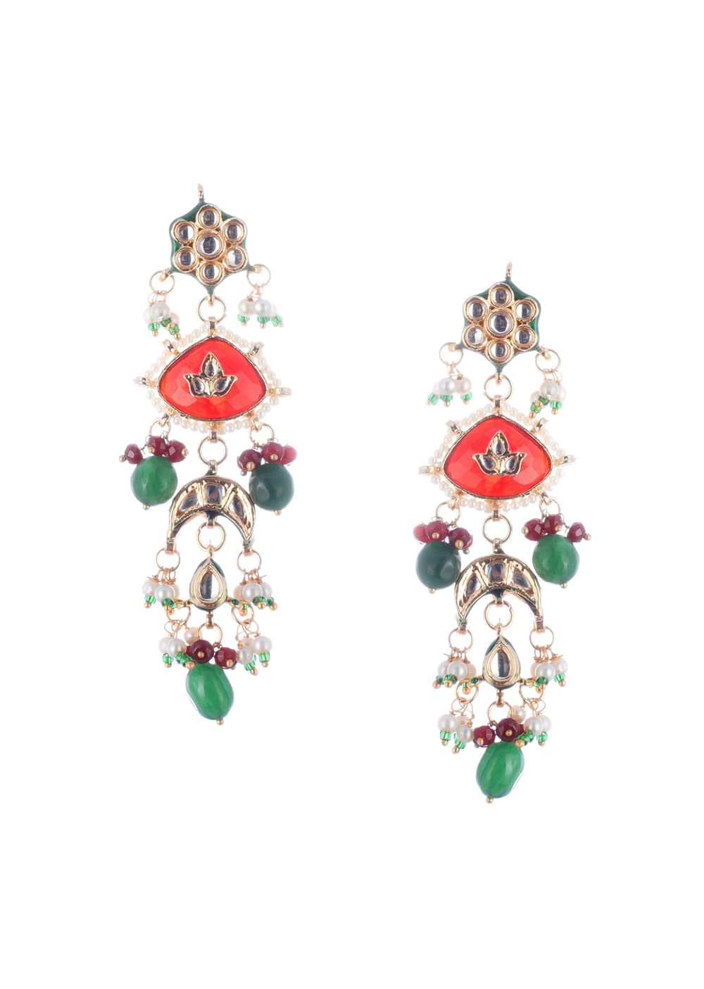 Gold Finish Kundan Necklace Set With Ruby And Emerald In Mix Metal