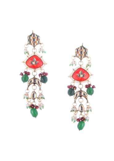 Gold Finish Kundan Necklace Set With Ruby And Emerald In Mix Metal