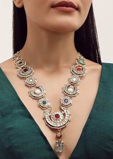 Gold Finish Kundan Necklace With Multicolor Stone In?ÿMix?ÿMetal