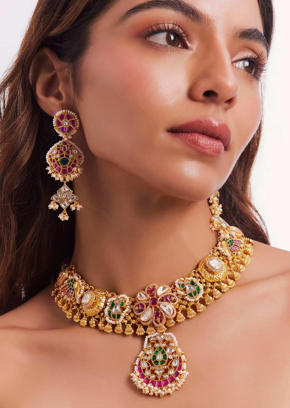 Gold Finish Kundan Polki And Multi Coloured Stone Choker Necklace Set