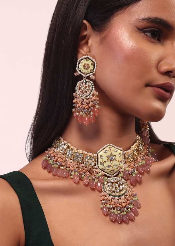Gold Finish Kundan Polki beaded Necklace set with Earrings Gold Finish Kundan Polki beaded Necklace set with Earrings