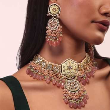 Gold Finish Kundan Polki beaded Necklace set with Earrings Gold Finish Kundan Polki beaded Necklace set with Earrings
