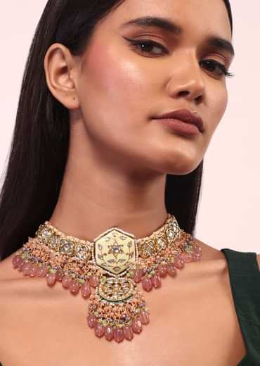 Gold Finish Kundan Polki beaded Necklace set with Earrings Gold Finish Kundan Polki beaded Necklace set with Earrings