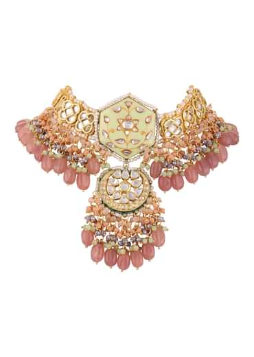 Gold Finish Kundan Polki beaded Necklace set with Earrings Gold Finish Kundan Polki beaded Necklace set with Earrings