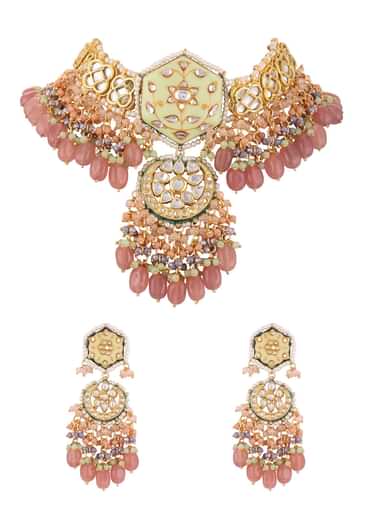 Gold Finish Kundan Polki beaded Necklace set with Earrings Gold Finish Kundan Polki beaded Necklace set with Earrings