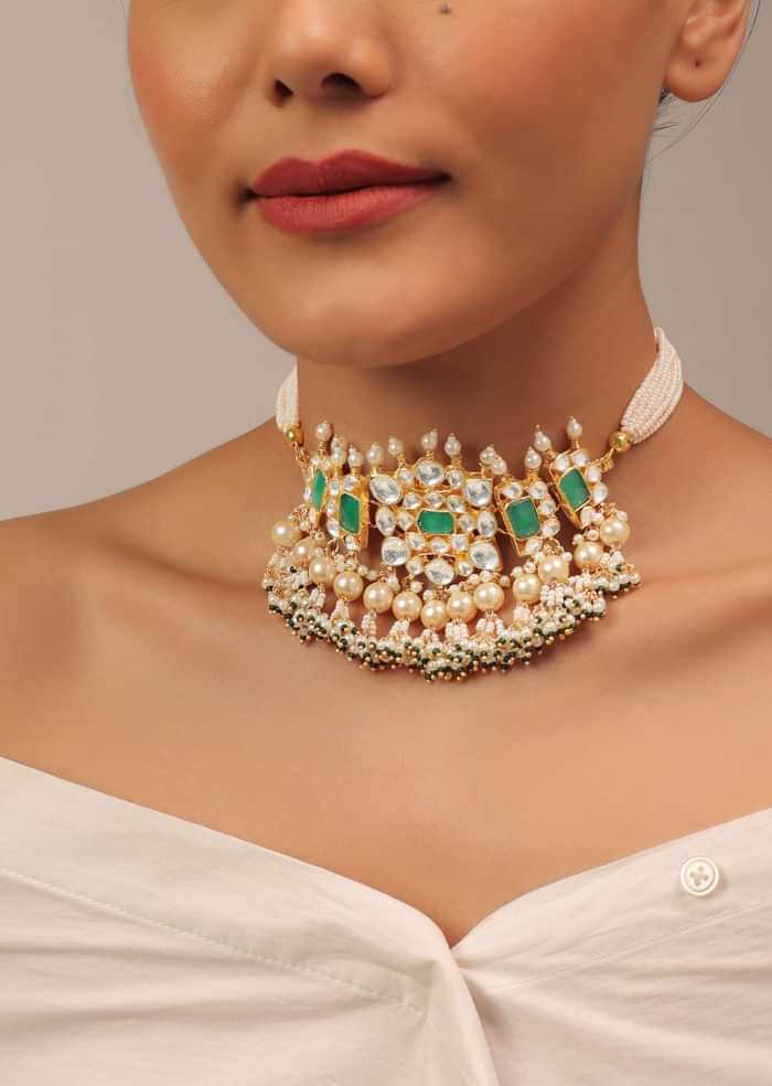 Gold Finish Kundan Polki Choker Set With Pearls