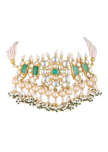 Gold Finish Kundan Polki Choker Set With Pearls