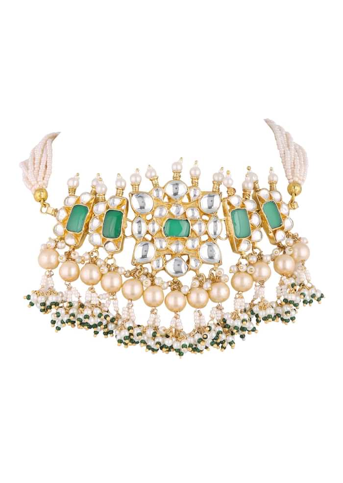 Gold Finish Kundan Polki Choker Set With Pearls