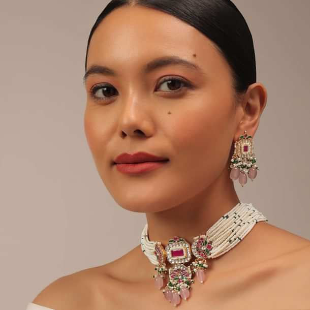Gold Finish Kundan Polki Choker Set With Peach Drops