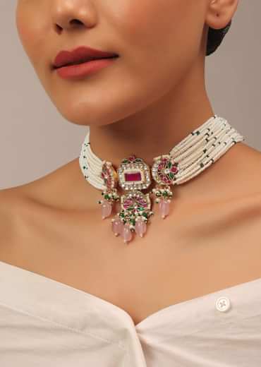 Gold Finish Kundan Polki Choker Set With Peach Drops