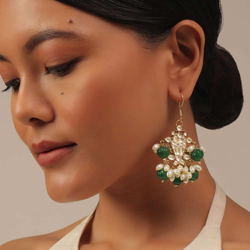 Gold Finish Kundan Polki Dangling Earrings With Synthetic Emerald Stones
