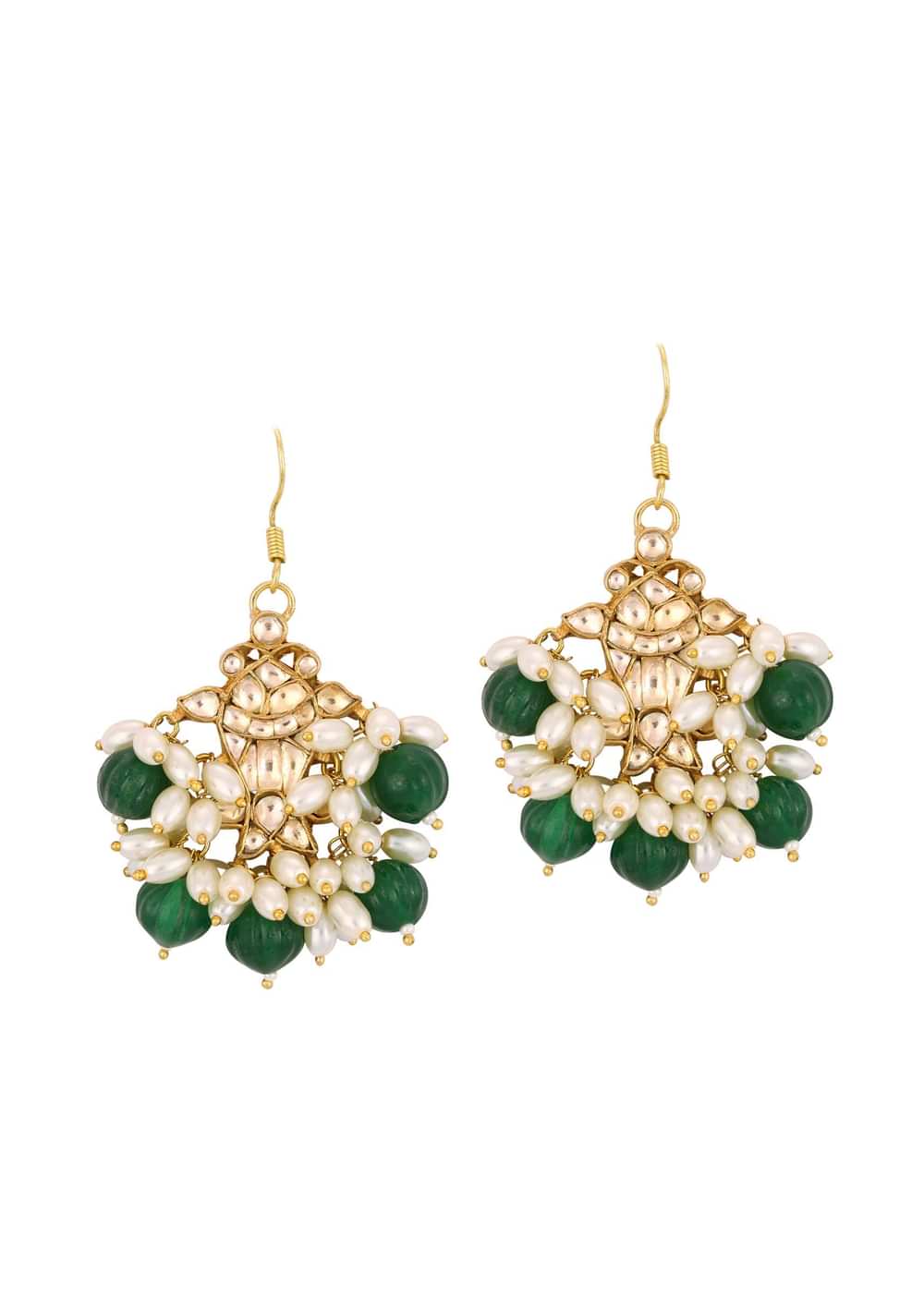 Gold Finish Kundan Polki Dangling Earrings With Synthetic Emerald Stones