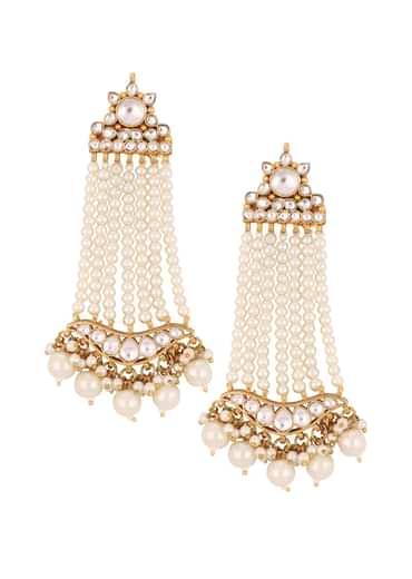 Gold Finish Kundan Polki Earrings With Beads And Pearls