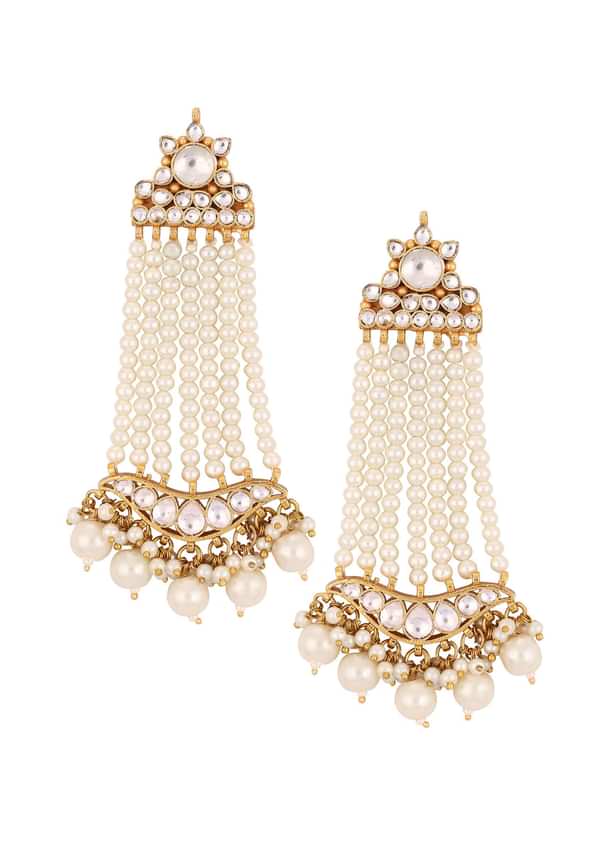 Gold Finish Kundan Polki Earrings With Beads And Pearls