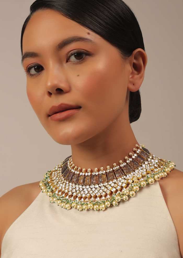 Gold Finish Kundan Polki Multicolor Short Necklace Set With Pearls And Green Beads