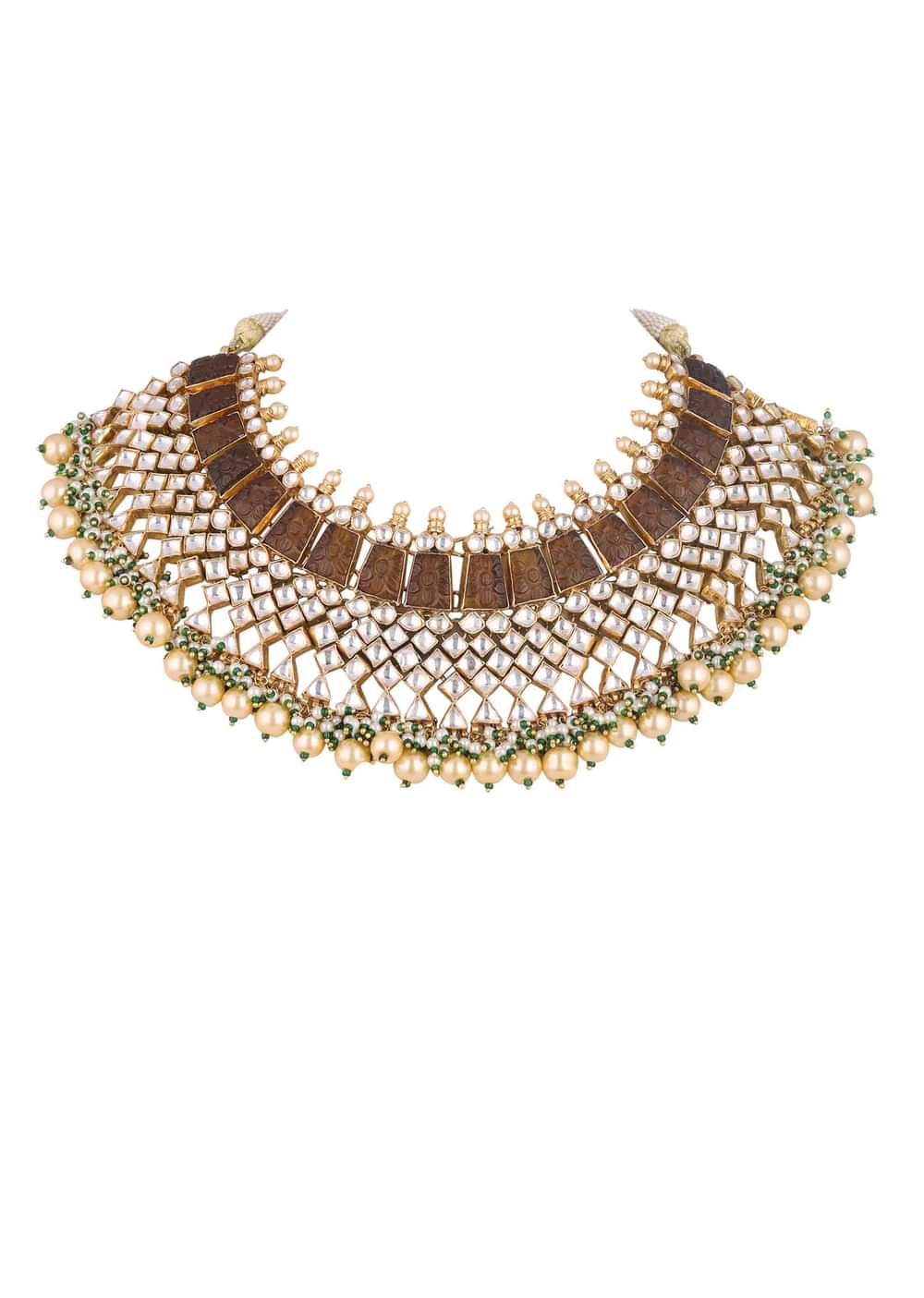 Gold Finish Kundan Polki Multicolor Short Necklace Set With Pearls And Green Beads