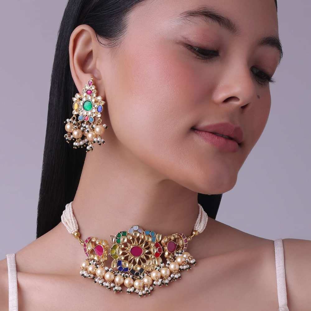 Gold Finish Kundan Polki Red And Green Choker Set With Beads And Stones