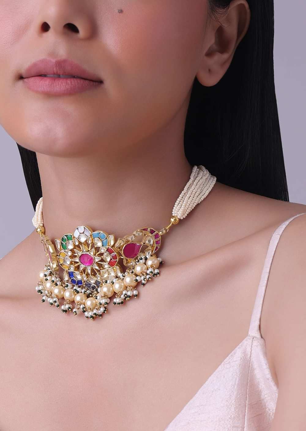 Gold Finish Kundan Polki Red And Green Choker Set With Beads And Stones