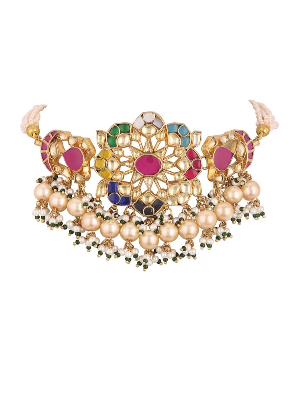 Gold Finish Kundan Polki Red And Green Choker Set With Beads And Stones
