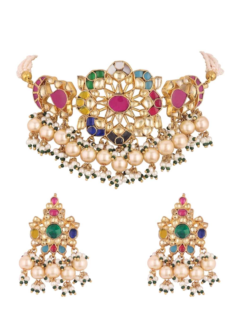 Gold Finish Kundan Polki Red And Green Choker Set With Beads And Stones
