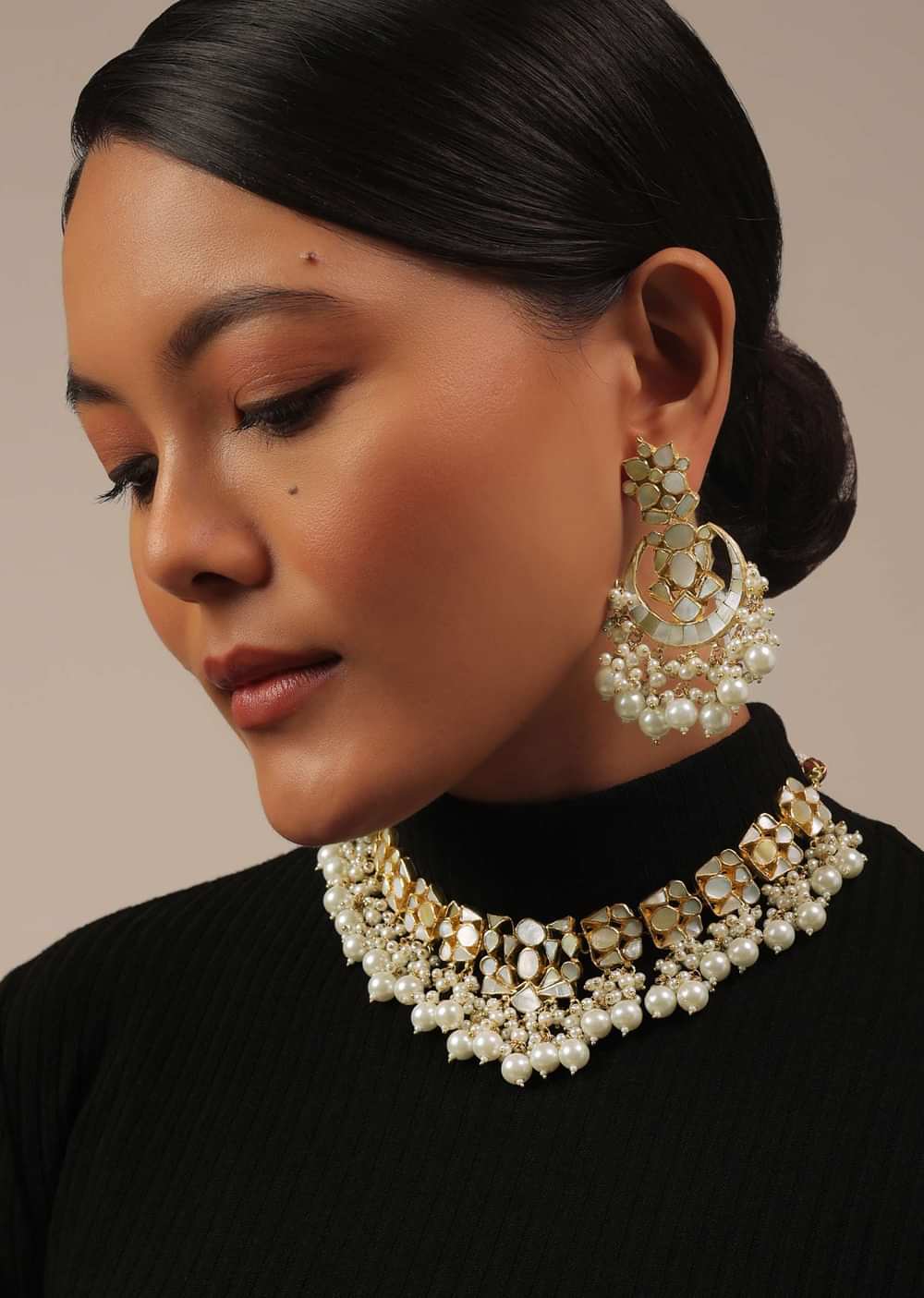 Gold Finish Kundan Polki White Choker Set With Pearls