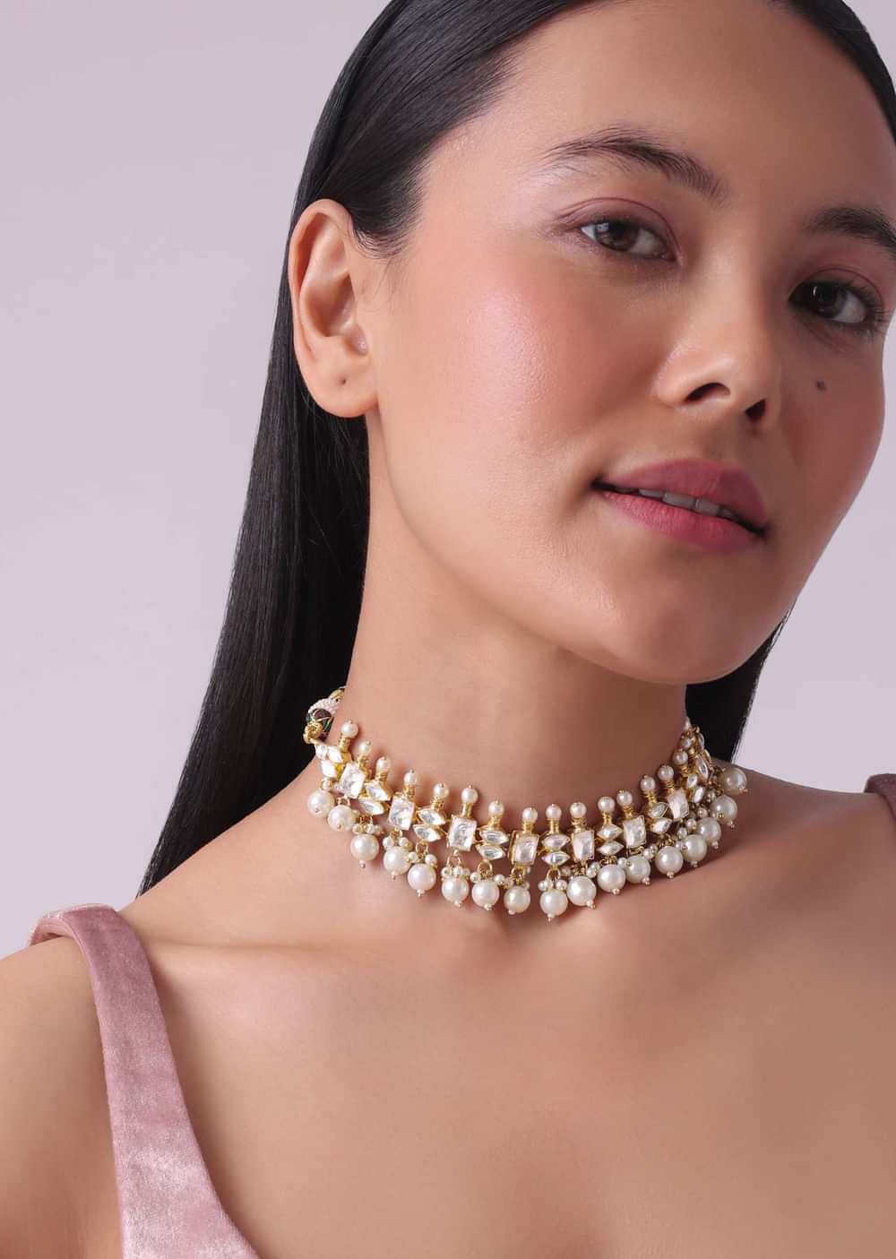 Gold Finish Kundan Polki White Necklace Set With Beads, Stones, And Pearls