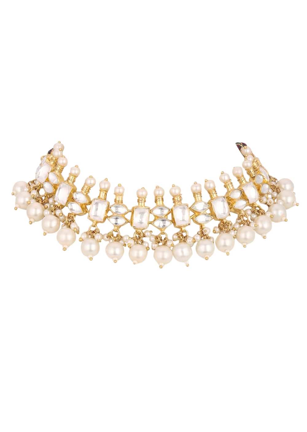 Gold Finish Kundan Polki White Necklace Set With Beads, Stones, And Pearls