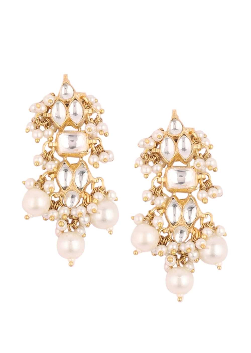 Gold Finish Kundan Polki White Necklace Set With Beads, Stones, And Pearls