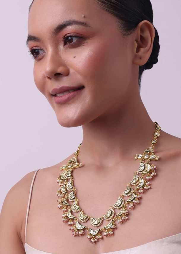 Gold Finish Layered Kundan Necklace With Red And White Drops Gold Finish Layered Kundan Necklace With Red And White Drops