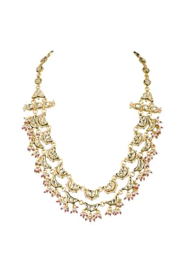 Gold Finish Layered Kundan Necklace With Red And White Drops