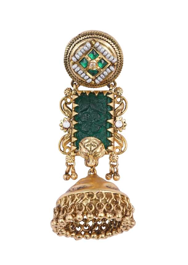 Gold Finish Meenakari Temple Earrings With Bead Drops