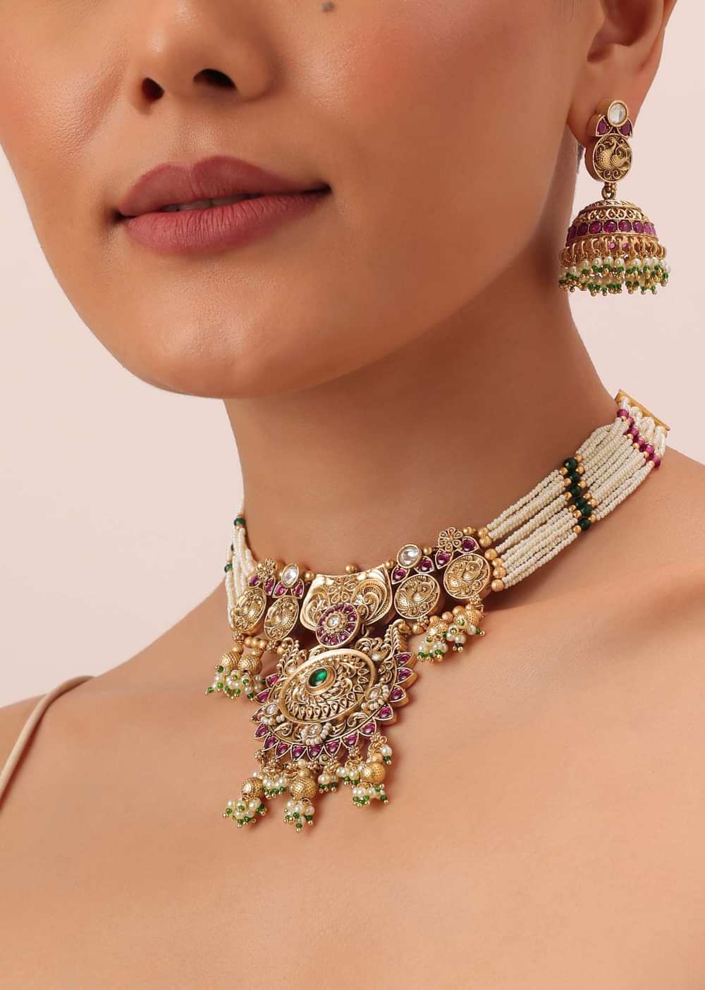 Gold Finish Meenakari Temple Necklace With Pearl Drop Jhumkas