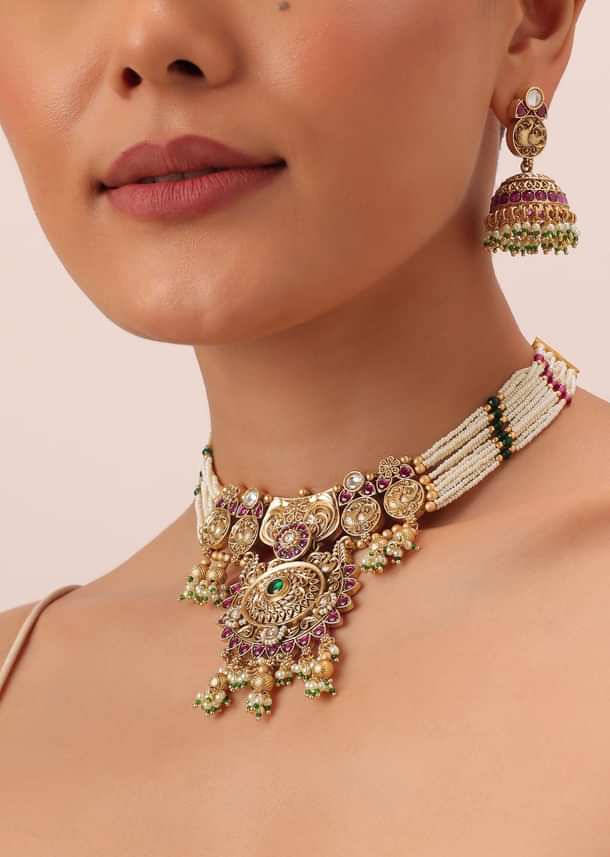 Gold Finish Meenakari Temple Necklace With Pearl Drop Jhumkas