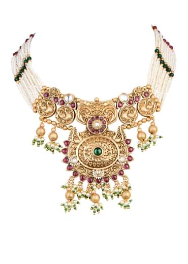 Gold Finish Meenakari Temple Necklace With Pearl Drop Jhumkas