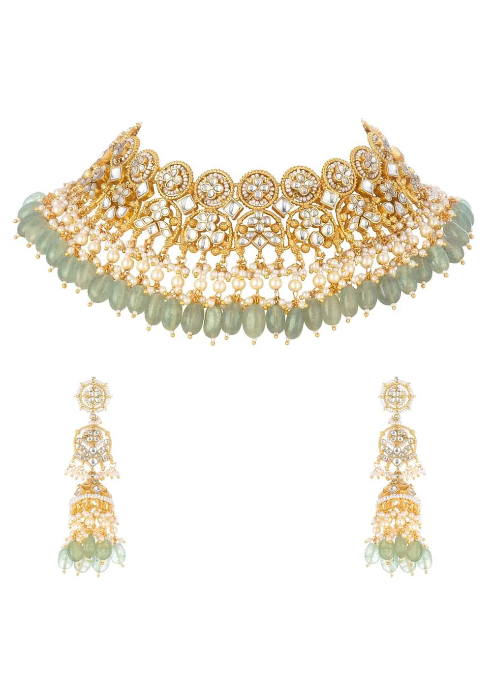 Gold Finish Mint Green Choker Set With Kundan Work In Mix Metal