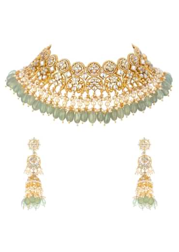 Gold Finish Mint Green Choker Set With Kundan Work In Mix Metal